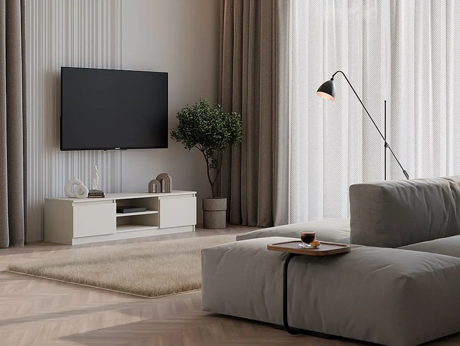 Móvel De Tv| Armário de TV: 2 portas, 2 prateleiras, Caxemira, 40 x 36 x 140cm Bege