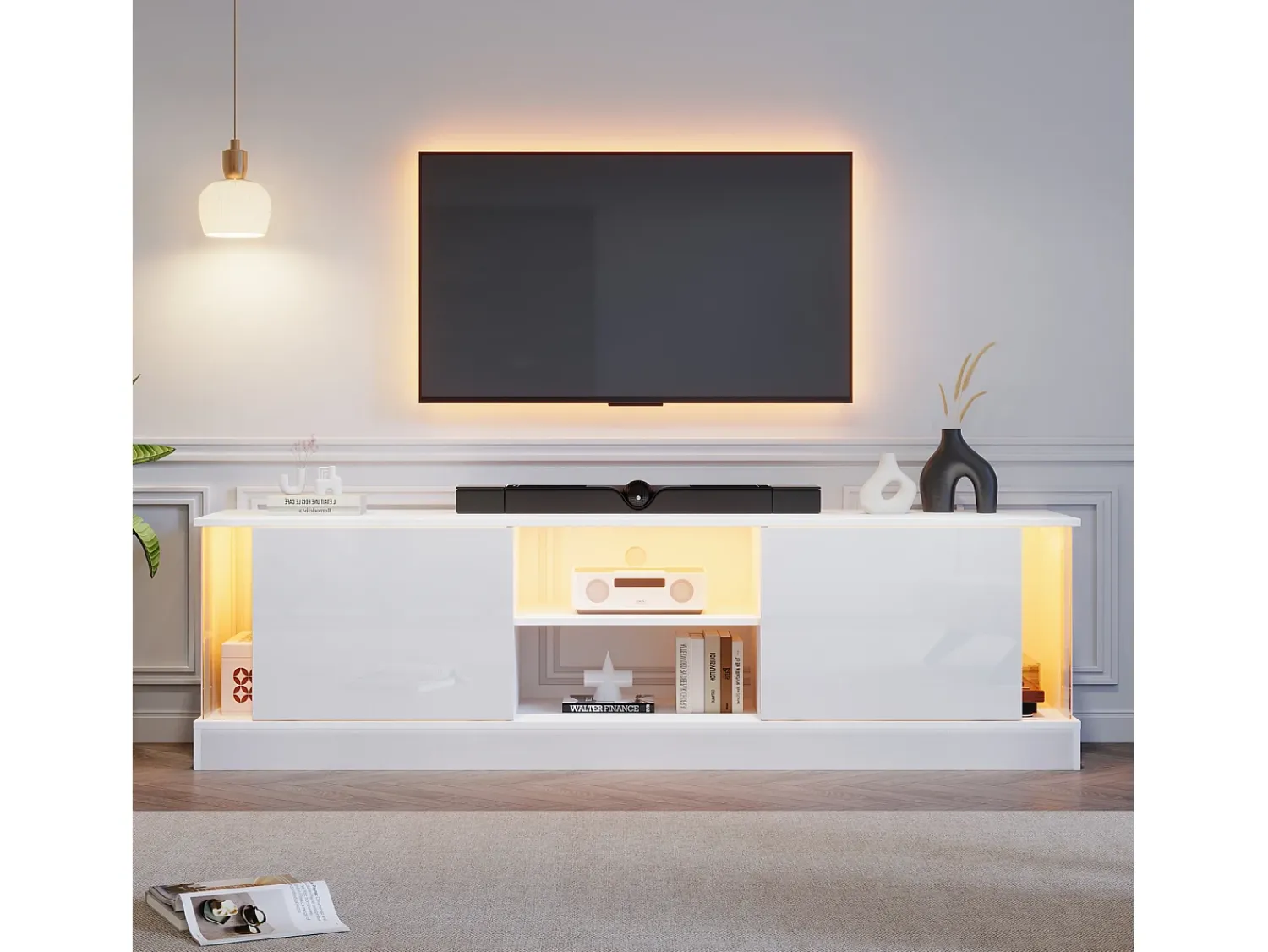 Armário de TV, brilhante, com iluminação LED, para até 70 polegadas, de pé no chão^ Móvel De Tv