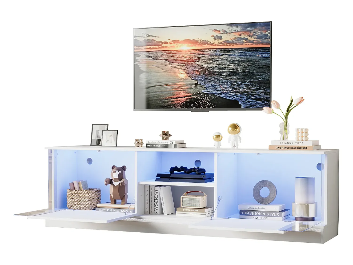 Armário de TV, brilhante, com iluminação LED, para até 70 polegadas, de pé no chão^ Móvel De Tv