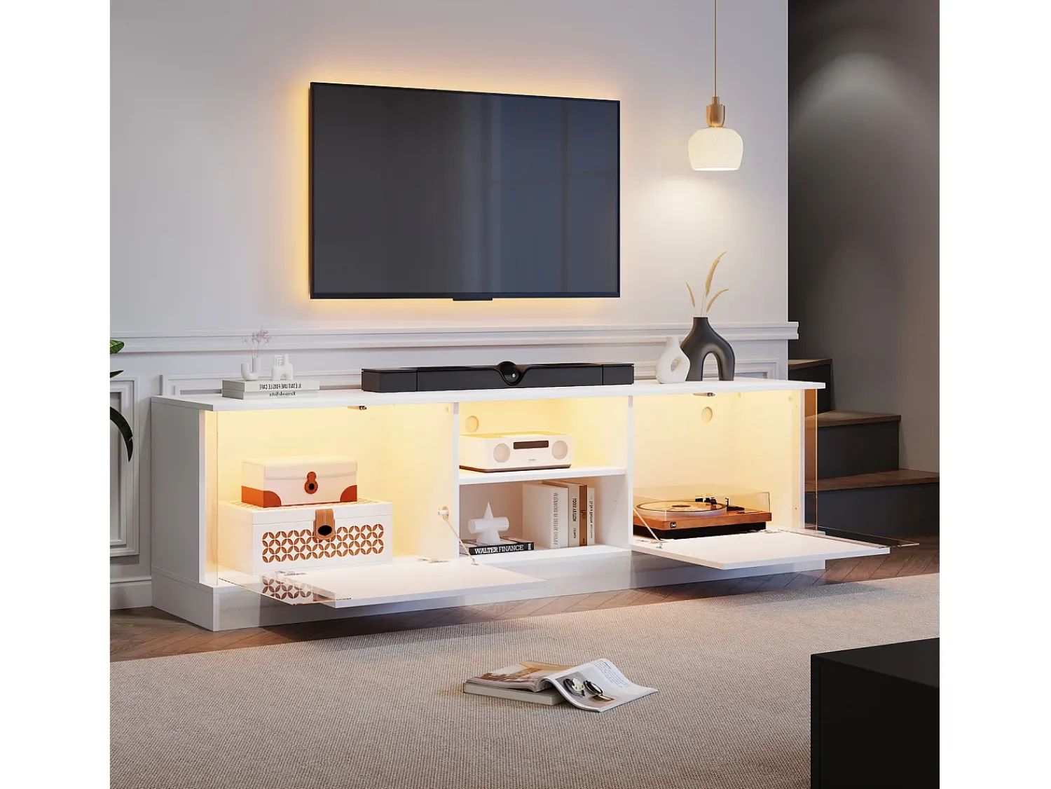 Armário de TV, brilhante, com iluminação LED, para até 70 polegadas, de pé no chão^ Móvel De Tv