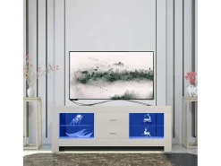 Móvel De Tv|DripeX Armário de TV brilhante com LED brilhante, bancada de TV moderna, prateleira de vidro, 2 gavetas, móveis de sala de estar, 130x35x50cm Branco
