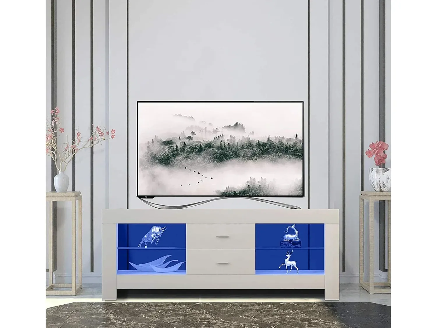 Móvel De Tv|DripeX Armário de TV brilhante com LED brilhante, bancada de TV moderna, prateleira de vidro, 2 gavetas, móveis de sala de estar, 130x35x50cm Branco