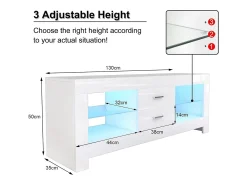 Móvel De Tv|DripeX Armário de TV brilhante com LED brilhante, bancada de TV moderna, prateleira de vidro, 2 gavetas, móveis de sala de estar, 130x35x50cm Branco