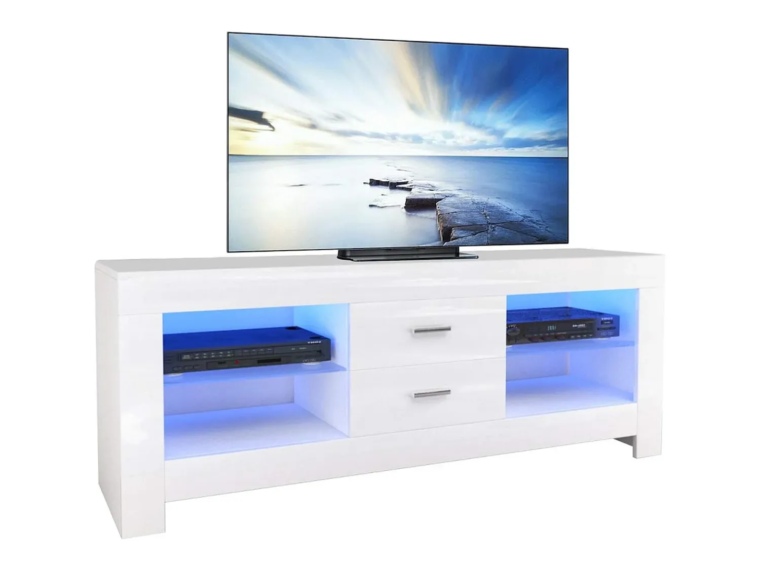 Móvel De Tv|DripeX Armário de TV brilhante com LED brilhante, bancada de TV moderna, prateleira de vidro, 2 gavetas, móveis de sala de estar, 130x35x50cm Branco