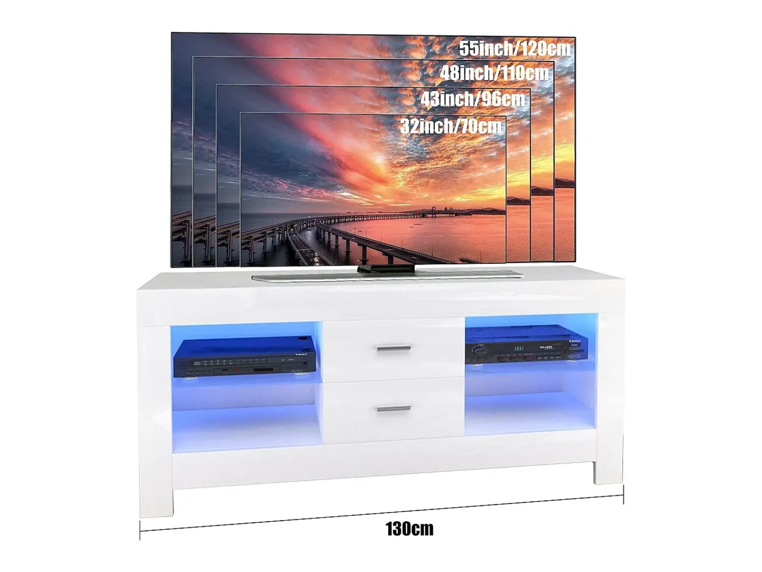 Móvel De Tv|DripeX Armário de TV brilhante com LED brilhante, bancada de TV moderna, prateleira de vidro, 2 gavetas, móveis de sala de estar, 130x35x50cm Branco