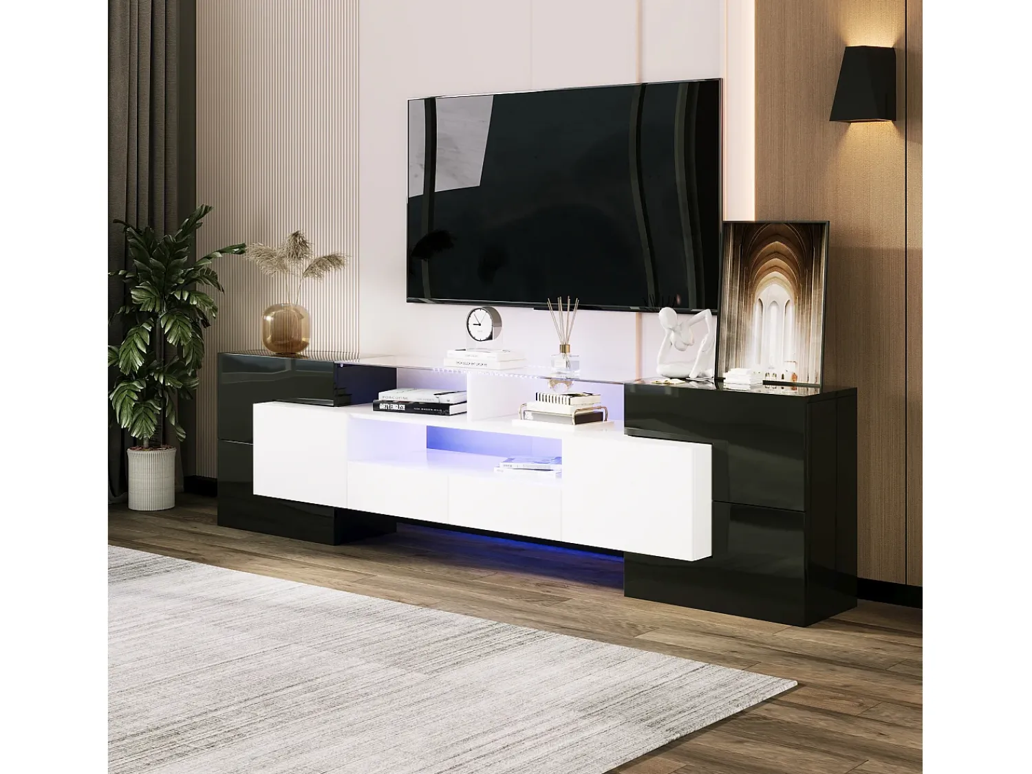 Móvel De Tv| Armário de TV 200cm, Branco Brilhante e , iluminação LED, superfície de vidro Preto