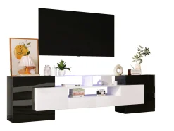 Móvel De Tv| Armário de TV 200cm, Branco Brilhante e , iluminação LED, superfície de vidro Preto
