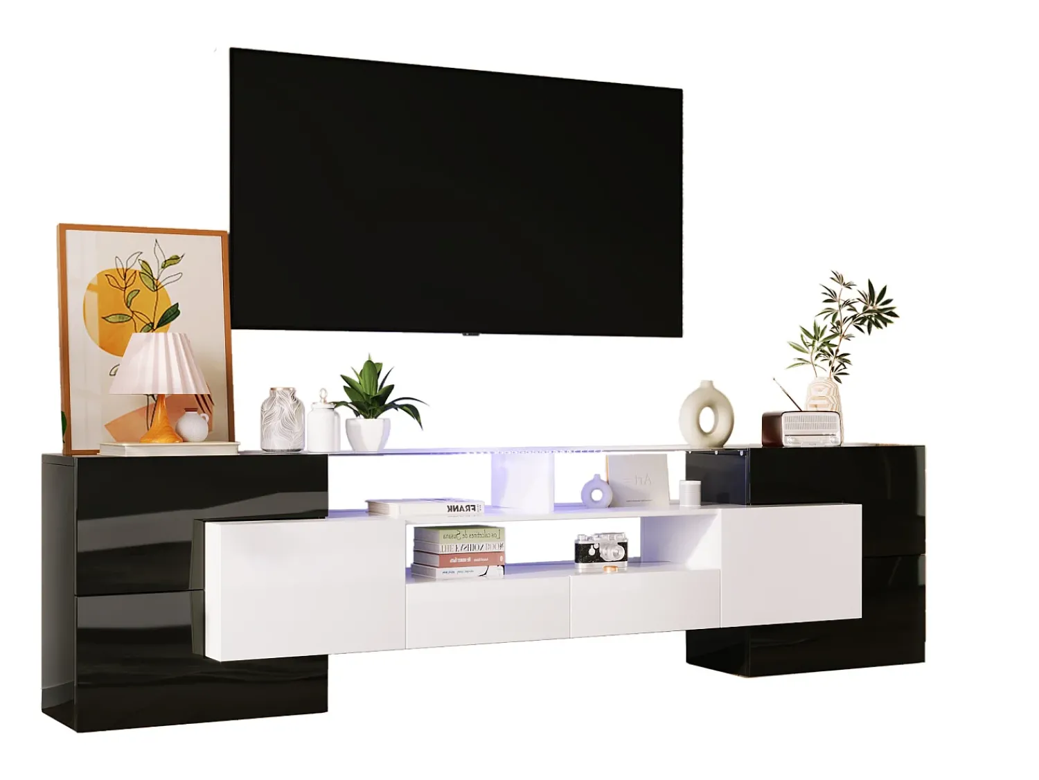 Móvel De Tv| Armário de TV 200cm, Branco Brilhante e , iluminação LED, superfície de vidro Preto