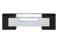 Móvel De Tv| Armário de TV 200cm, Branco Brilhante e , iluminação LED, superfície de vidro Preto