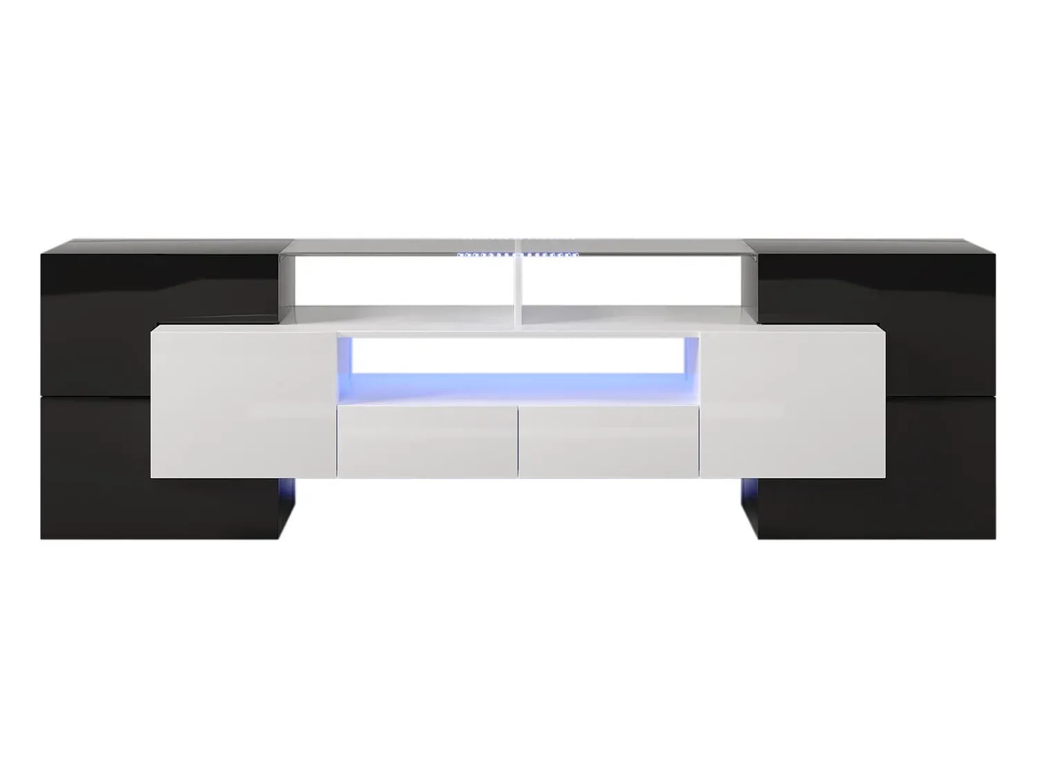 Móvel De Tv| Armário de TV 200cm, Branco Brilhante e , iluminação LED, superfície de vidro Preto
