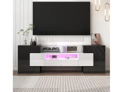 Móvel De Tv* Armário de TV 145cm, branco brilhante, iluminação LED, superfície de vidro elegante Preto