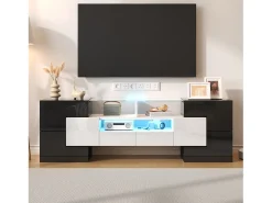 Móvel De Tv* Armário de TV 145cm, branco brilhante, iluminação LED, superfície de vidro elegante Preto