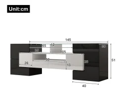 Móvel De Tv* Armário de TV 145cm, branco brilhante, iluminação LED, superfície de vidro elegante Preto