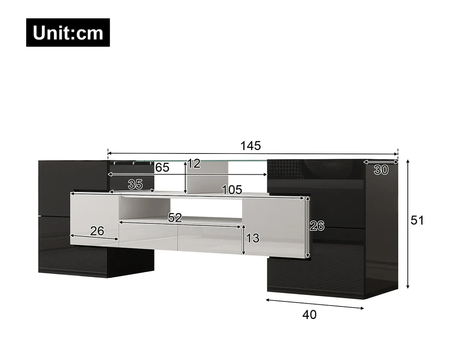 Móvel De Tv* Armário de TV 145cm, branco brilhante, iluminação LED, superfície de vidro elegante Preto