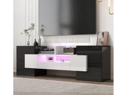 Móvel De Tv* Armário de TV 145cm, branco brilhante, iluminação LED, superfície de vidro elegante Preto