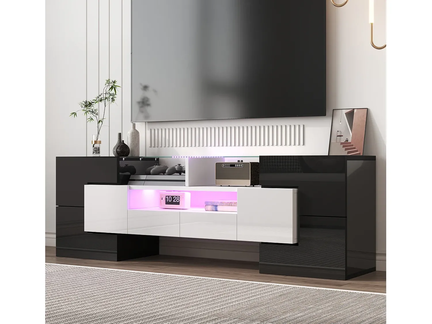 Móvel De Tv* Armário de TV 145cm, branco brilhante, iluminação LED, superfície de vidro elegante Preto