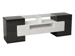 Móvel De Tv* Armário de TV 145cm, branco brilhante, iluminação LED, superfície de vidro elegante Preto
