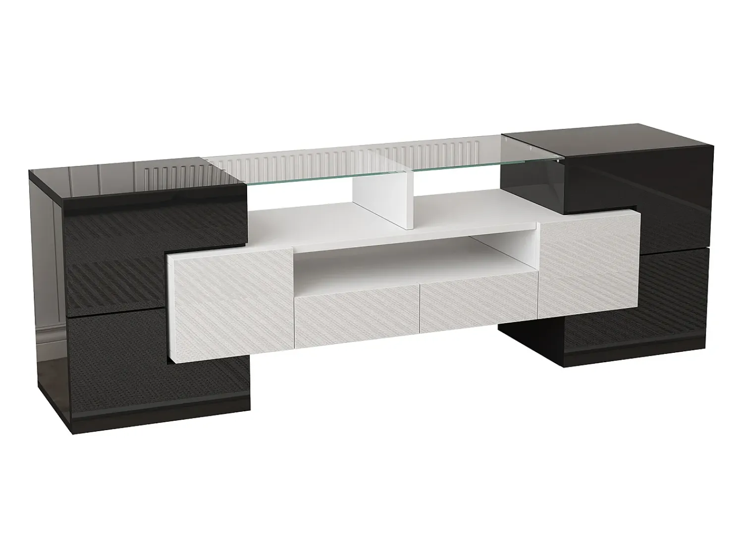 Móvel De Tv* Armário de TV 145cm, branco brilhante, iluminação LED, superfície de vidro elegante Preto