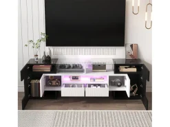 Móvel De Tv* Armário de TV 145cm, branco brilhante, iluminação LED, superfície de vidro elegante Preto
