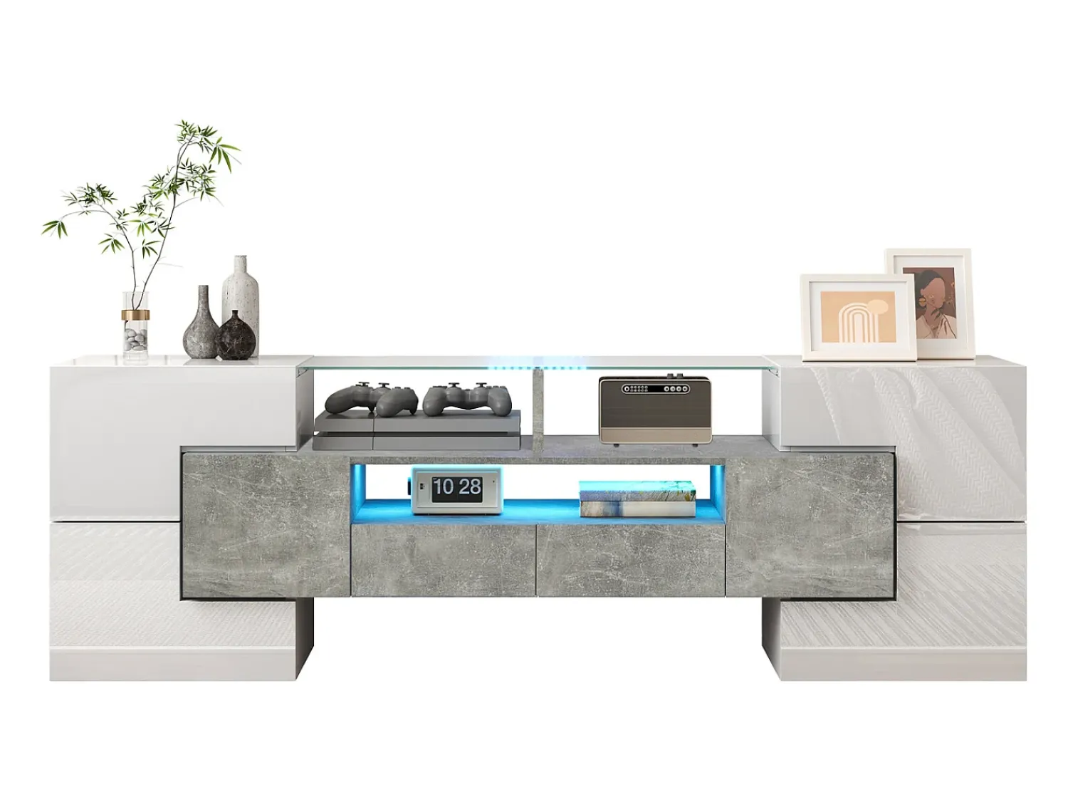 Hot Armário de TV 145cm, branco brilhante, iluminação LED, superfície de vidro elegante Cinzento