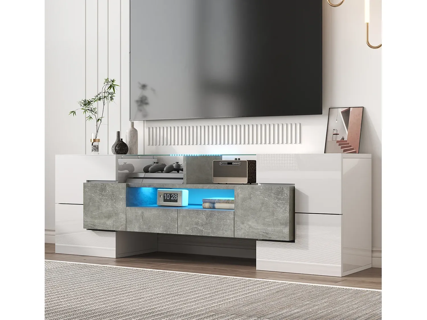 Hot Armário de TV 145cm, branco brilhante, iluminação LED, superfície de vidro elegante Cinzento