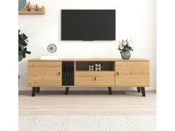 Móvel De Tv| Armário de TV 170cm, Design Madeira & Preto, com gavetas, espaço de armazenamento versátil Natural claro