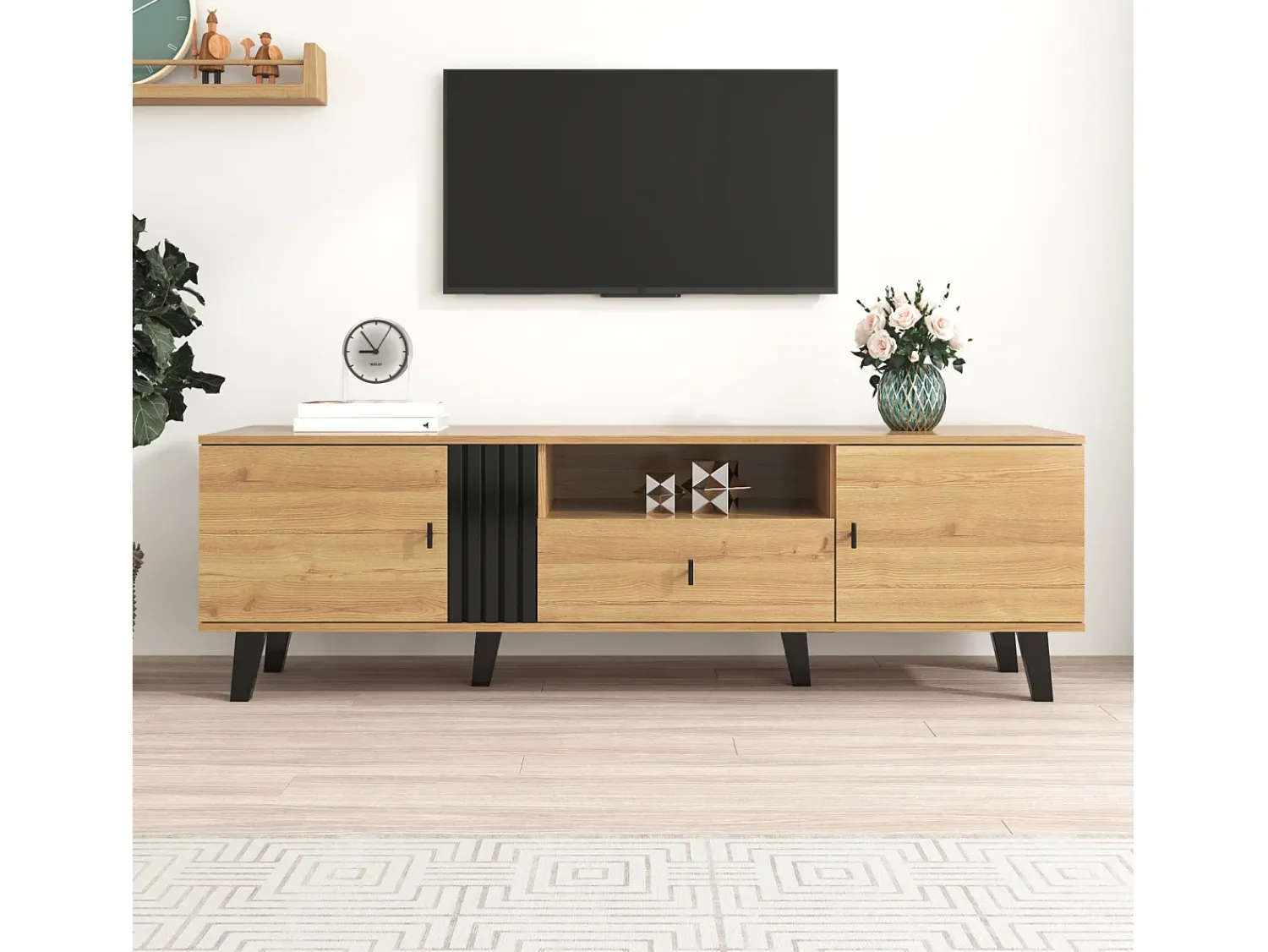 Móvel De Tv| Armário de TV 170cm, Design Madeira & Preto, com gavetas, espaço de armazenamento versátil Natural claro