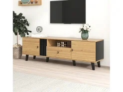 Móvel De Tv| Armário de TV 170cm, Design Madeira & Preto, com gavetas, espaço de armazenamento versátil Natural claro