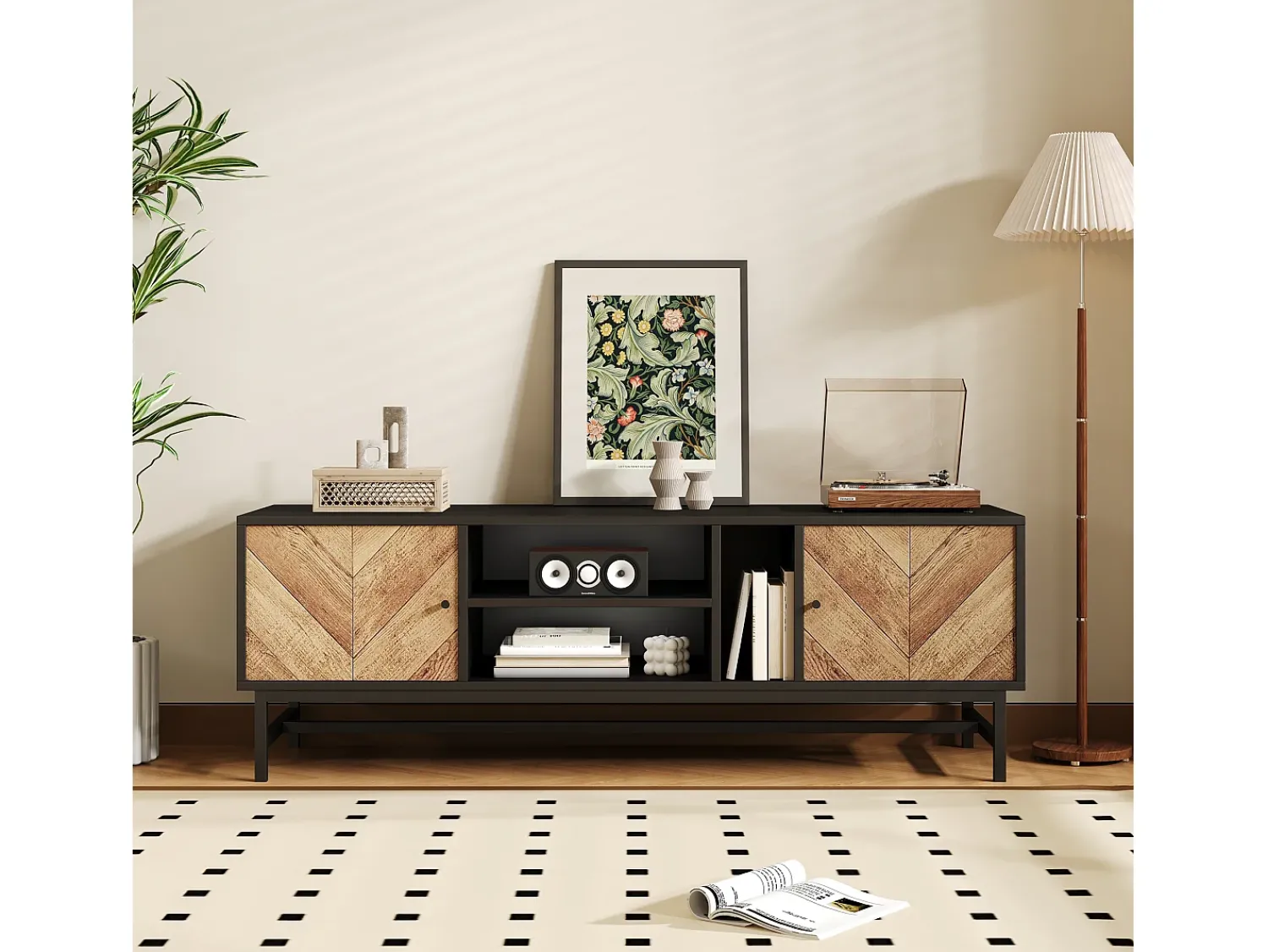 Armário de TV 150cm, Design -Madeira, amplo espaço de armazenamento, moderno e minimalista^ Móvel De Tv