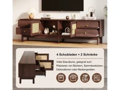 Online Armário de TV 180cm, efeito de madeira escura, 2 portas de rattan, 4 gavetas, para até 80 polegadas Castanho