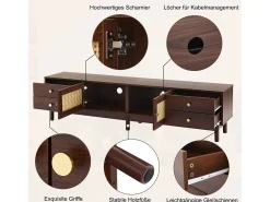 Online Armário de TV 180cm, efeito de madeira escura, 2 portas de rattan, 4 gavetas, para até 80 polegadas Castanho