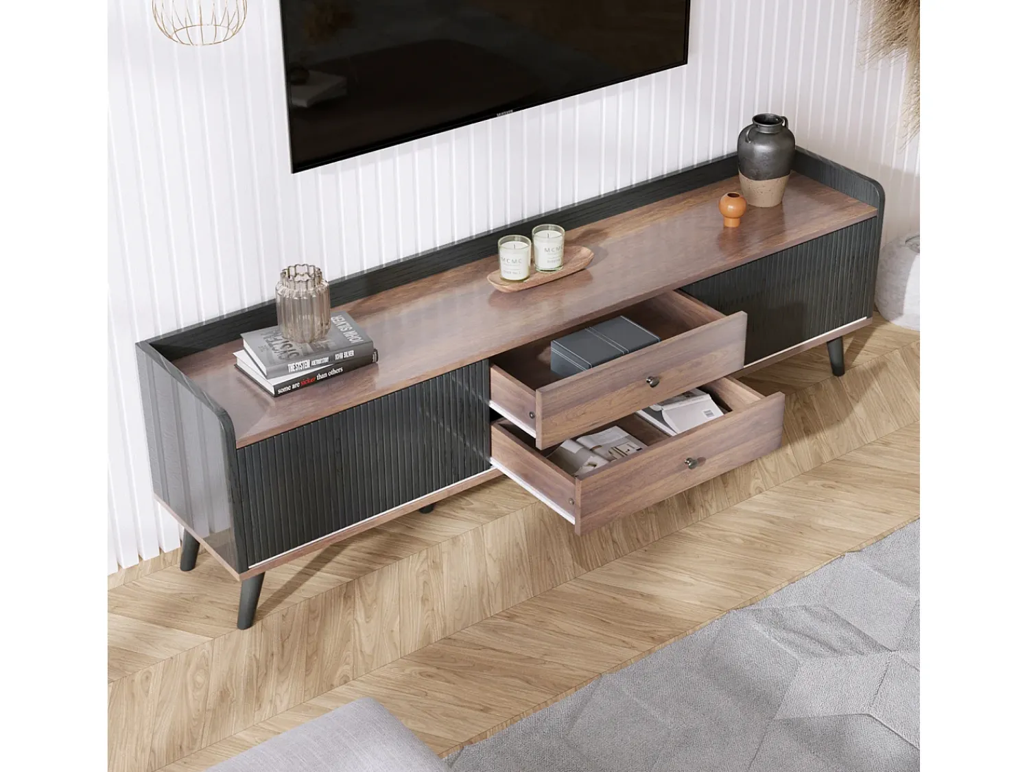 Outlet Armário de TV com 2 gavetas, Lowboard H58xL160xP40 cm, & Madeira natural Preto