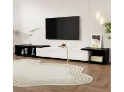 Clearance Armário de TV com comprimento variável 140-260cm, giratório, efeito de mármore, decorações douradas Branco