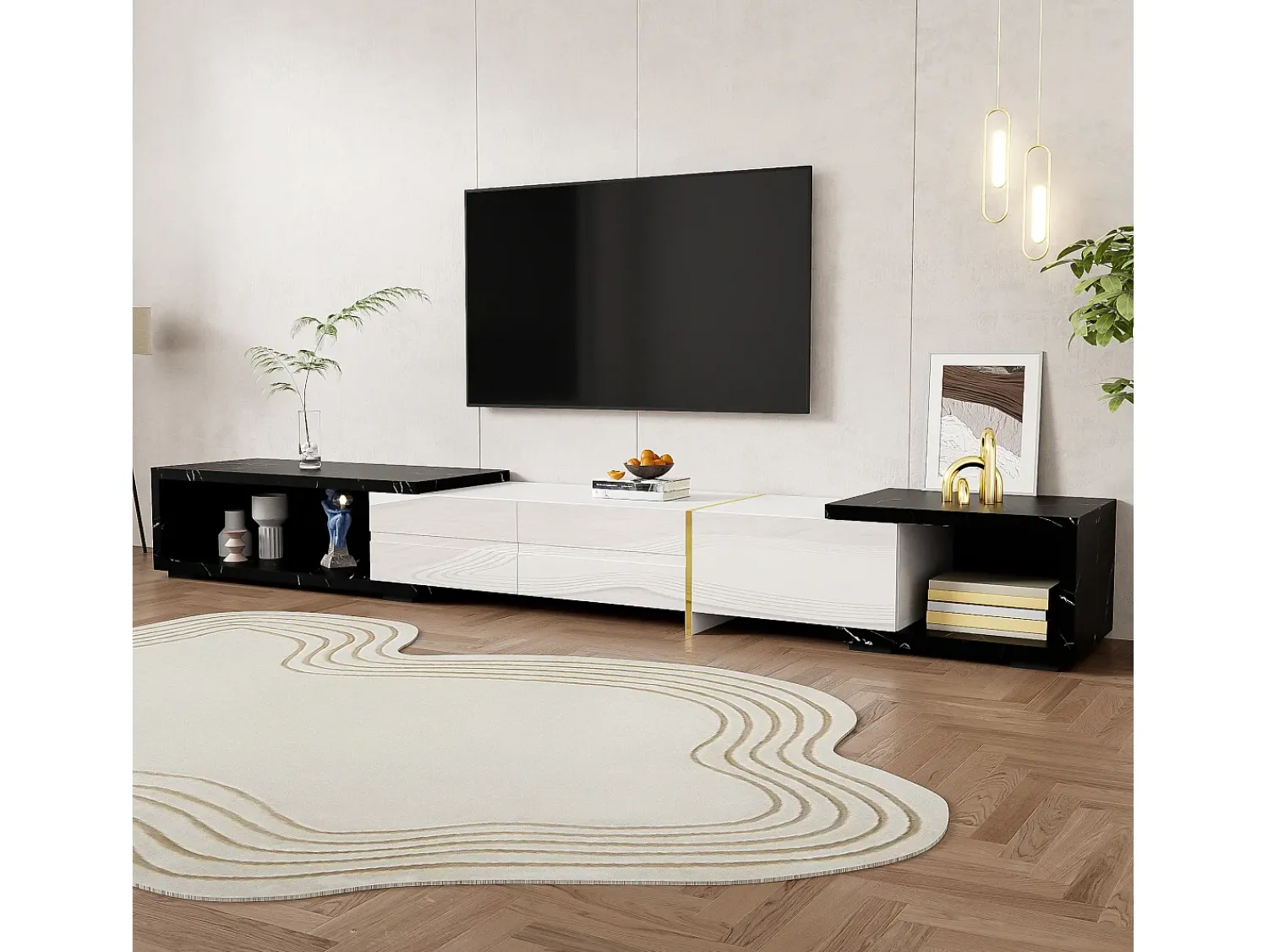 Clearance Armário de TV com comprimento variável 140-260cm, giratório, efeito de mármore, decorações douradas Branco