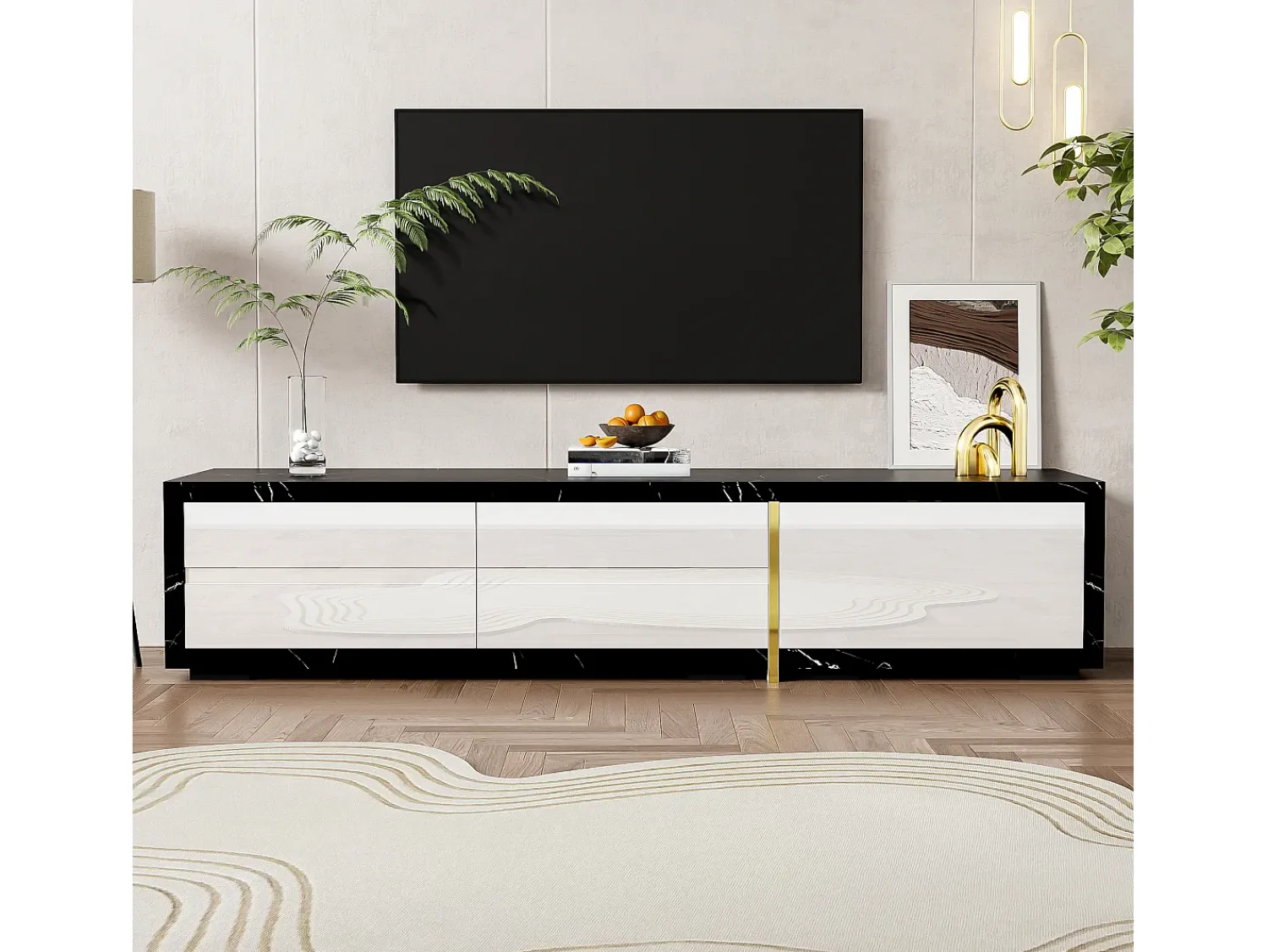 Clearance Armário de TV com comprimento variável 140-260cm, giratório, efeito de mármore, decorações douradas Branco