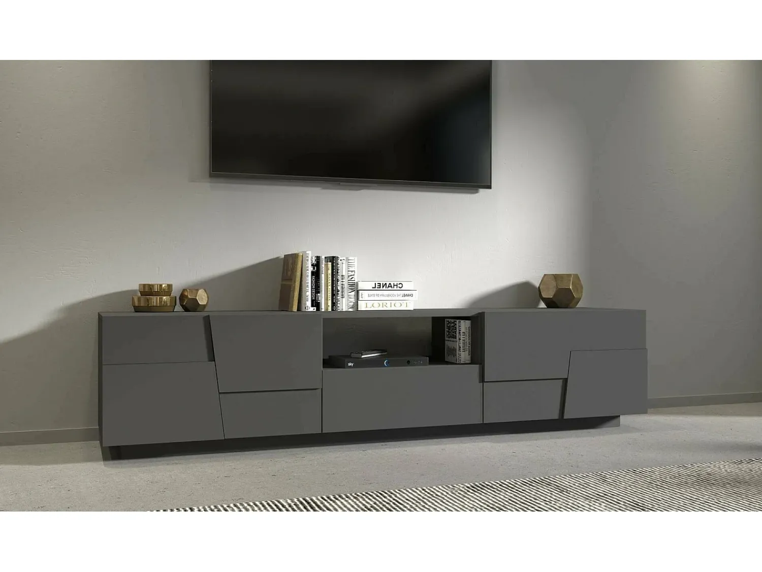 Móvel De Tv*Dmora Armário de TV Dcortinovi, Aparador de sala baixa com 4 portas e 1 gaveta, Base de suporte de TV, 220x44h46 cm, Antracite Preto