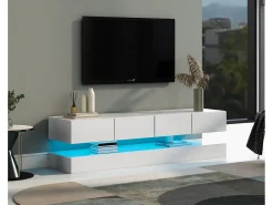 Móvel De Tv| Armário de TV de parede 130x33x15cm, 2 armários e 4 gavetas, LED de 16 cores, para até 55 polegadas Branco