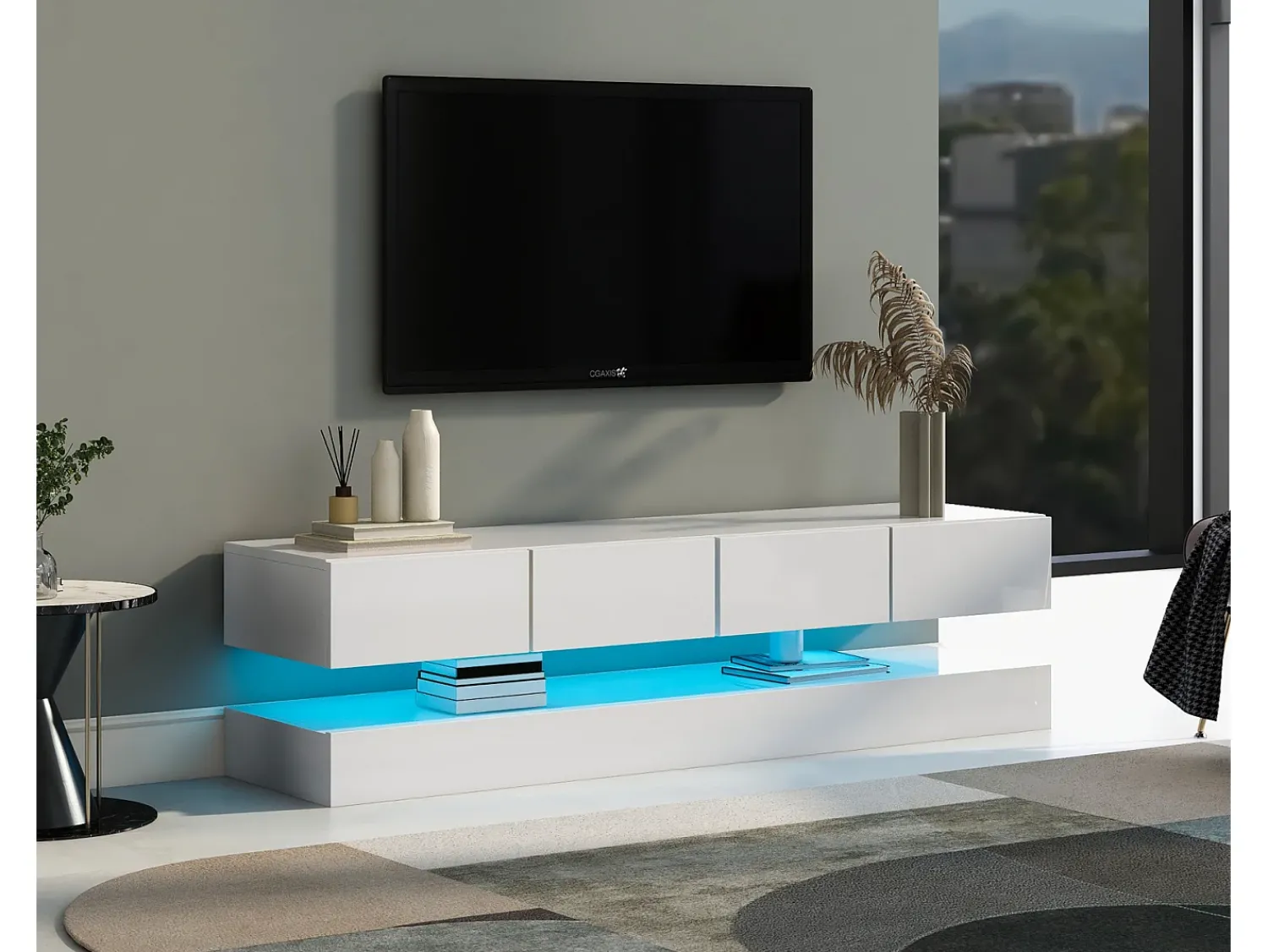 Móvel De Tv| Armário de TV de parede 130x33x15cm, 2 armários e 4 gavetas, LED de 16 cores, para até 55 polegadas Branco