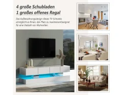Móvel De Tv| Armário de TV de parede 130x33x15cm, 2 armários e 4 gavetas, LED de 16 cores, para até 55 polegadas Branco