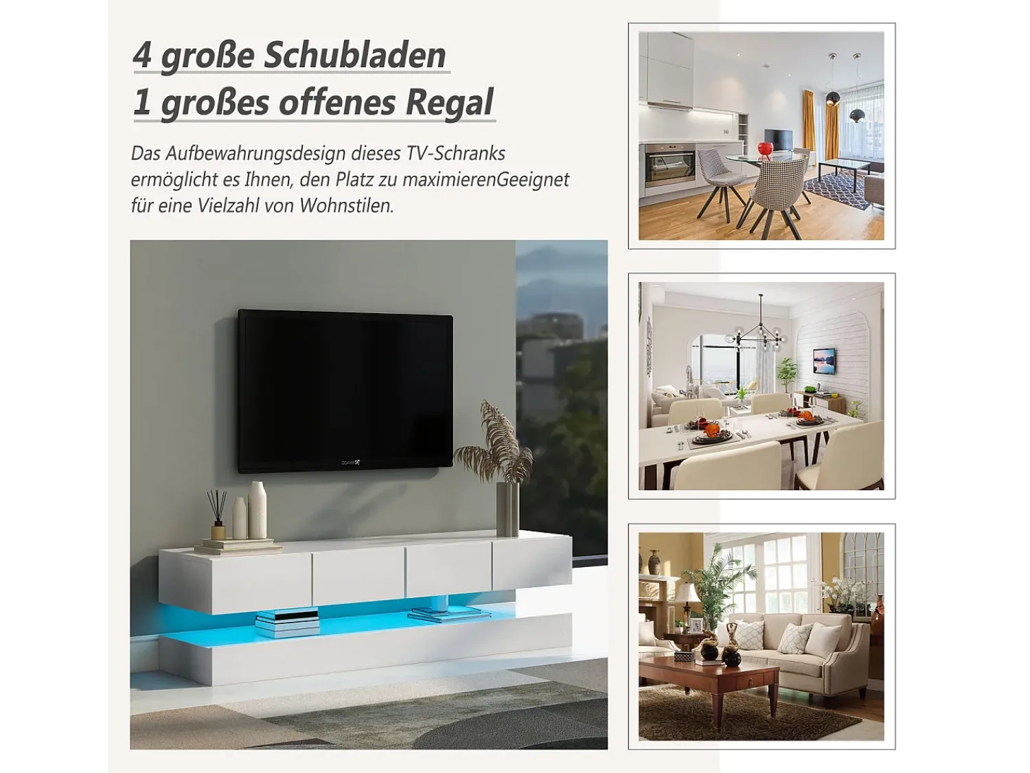 Móvel De Tv| Armário de TV de parede 130x33x15cm, 2 armários e 4 gavetas, LED de 16 cores, para até 55 polegadas Branco
