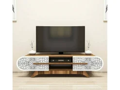 Móvel De Tv*Dmora Armário de TV Desposit, Aparador de sala, Armário de TV baixo, Base de parede equipada, 145x37h37 cm, Nogueira e Branco Castanho