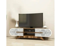 Móvel De Tv*Dmora Armário de TV Desposit, Aparador de sala, Armário de TV baixo, Base de parede equipada, 145x37h37 cm, Nogueira e Branco Castanho