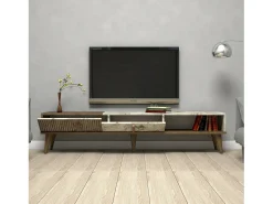 Móvel De Tv*Dmora Armário de TV Dfirican, Aparador de sala, Armário de TV baixo, Base de parede equipada, 180x35h40 cm, Nogueira e Branco Castanho