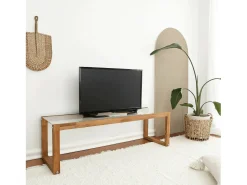 Outlet Dmora Armário de TV Dfrattes, Aparador de sala, Armário de TV baixo, Base de parede equipada, 130x40h40 cm, Carvalho Castanho