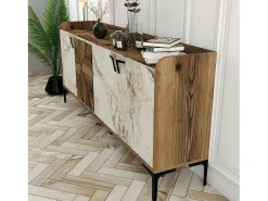 Dmora Armário de TV Dilici, Aparador de sala, Armário de TV baixo, Base de parede equipada, 180x35 h78 cm, Nogueira e mármore branco^ Móvel De Tv