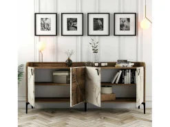 Dmora Armário de TV Dilici, Aparador de sala, Armário de TV baixo, Base de parede equipada, 180x35 h78 cm, Nogueira e mármore branco^ Móvel De Tv