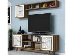 Dmora Armário de TV Djajal, Aparador de sala, Armário de TV baixo, Base de parede equipada, 160x35h56 cm, Nogueira e Branco^ Móvel De Tv