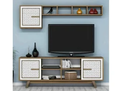 Dmora Armário de TV Djajal, Aparador de sala, Armário de TV baixo, Base de parede equipada, 160x35h56 cm, Nogueira e Branco^ Móvel De Tv