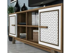 Dmora Armário de TV Djajal, Aparador de sala, Armário de TV baixo, Base de parede equipada, 160x35h56 cm, Nogueira e Branco^ Móvel De Tv