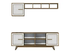 Dmora Armário de TV Djajal, Aparador de sala, Armário de TV baixo, Base de parede equipada, 160x35h56 cm, Nogueira e Branco^ Móvel De Tv